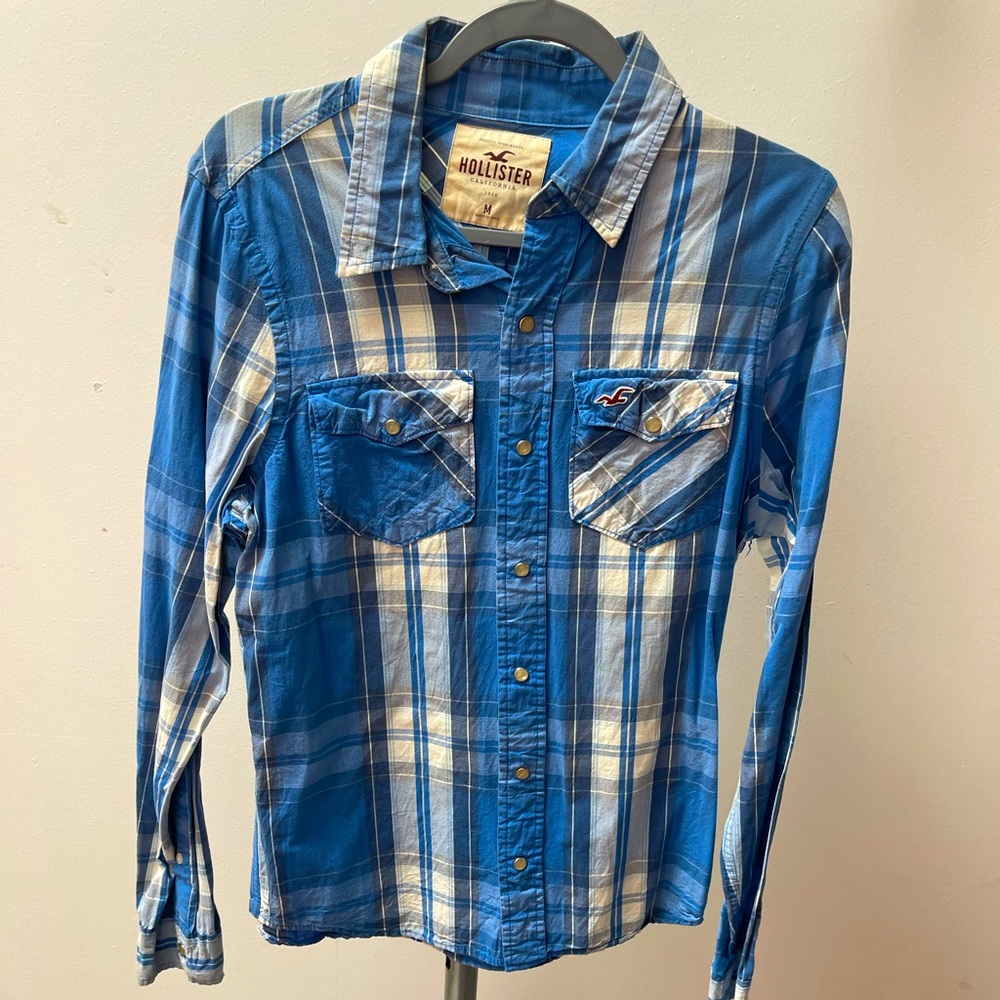 Hollister Men's Long Sleeve Western Snap Button Cotton Blue Plaid Shirt Size M